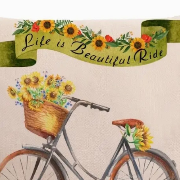 NEW LIFE IS BEAUTIFUL RIDE VINTAGE BICYCLE SUNFLOWERS LINEN PILLOW COVER 17.7" - Picture 4 of 5